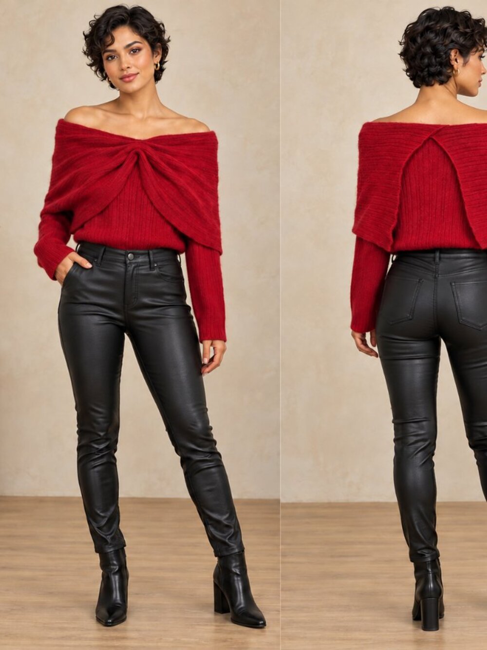 NEW CASHMERE Cohesion & Brightness Red Off-Shoulder Twist-Front Sweater Small